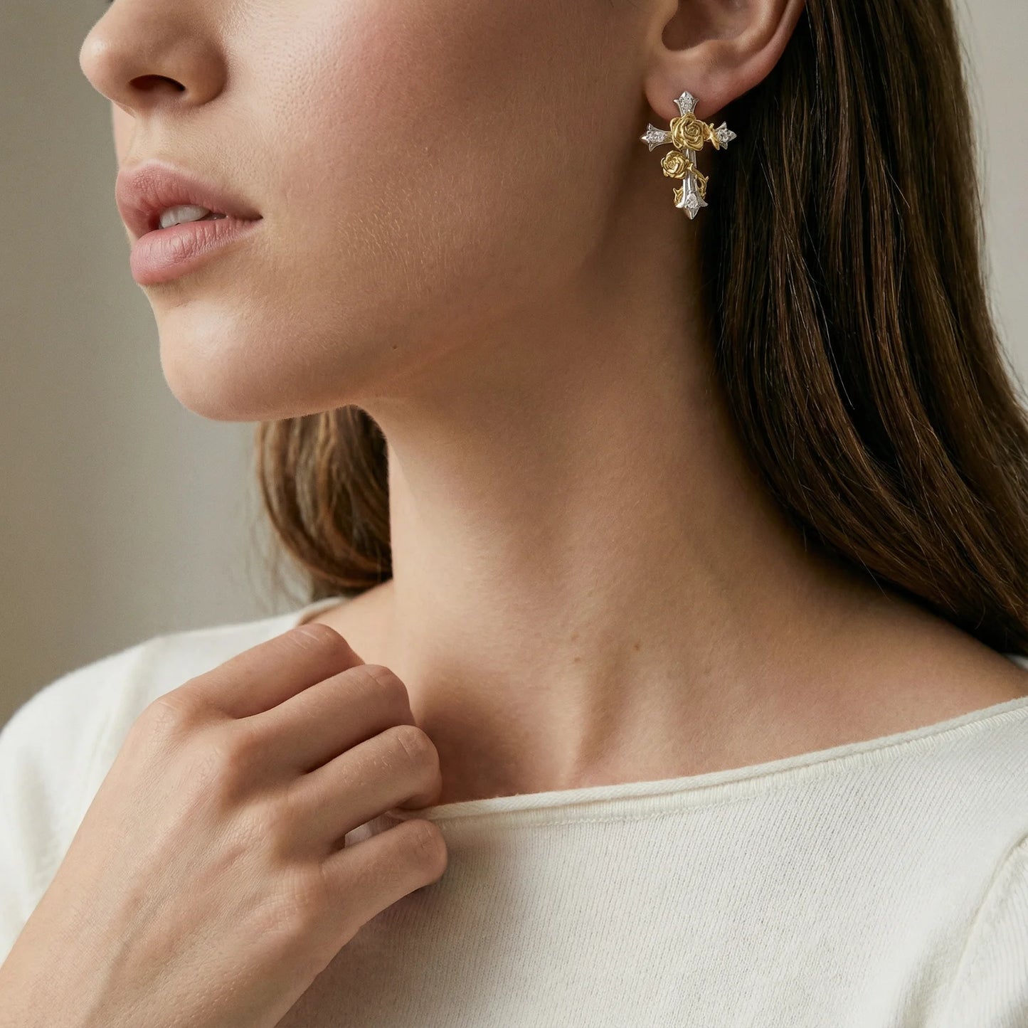 Golden Rose Cross Earrings