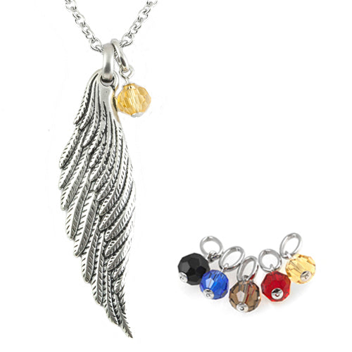 Silver feather pendant necklace with colorful gemstones on a white background