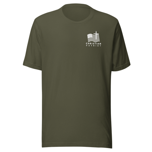 Christian patriot signature Christian t-shirt in military green featuring American flag design.