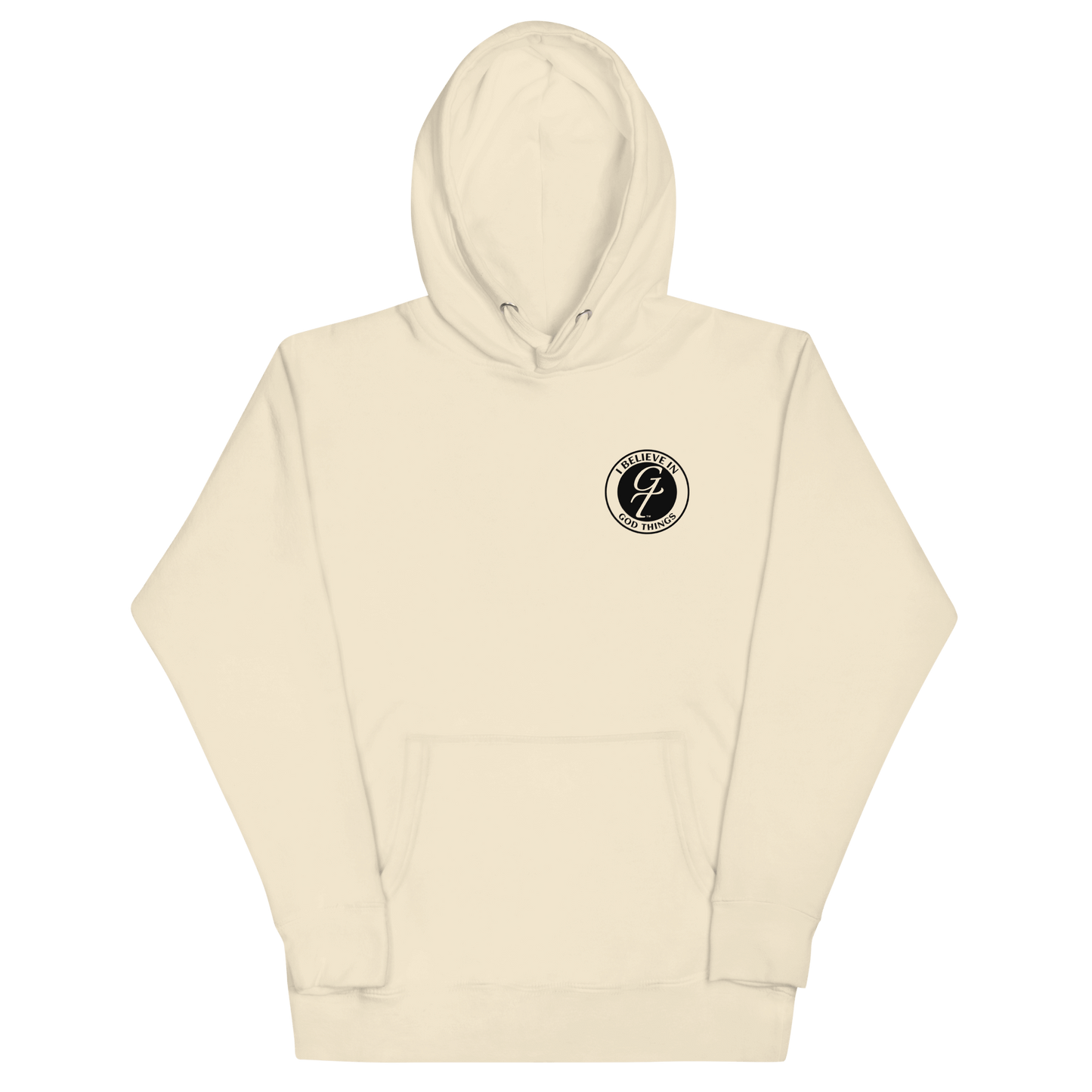 Christian faith hoodie featuring the 'I Believe In God Things' logo in a cream color.