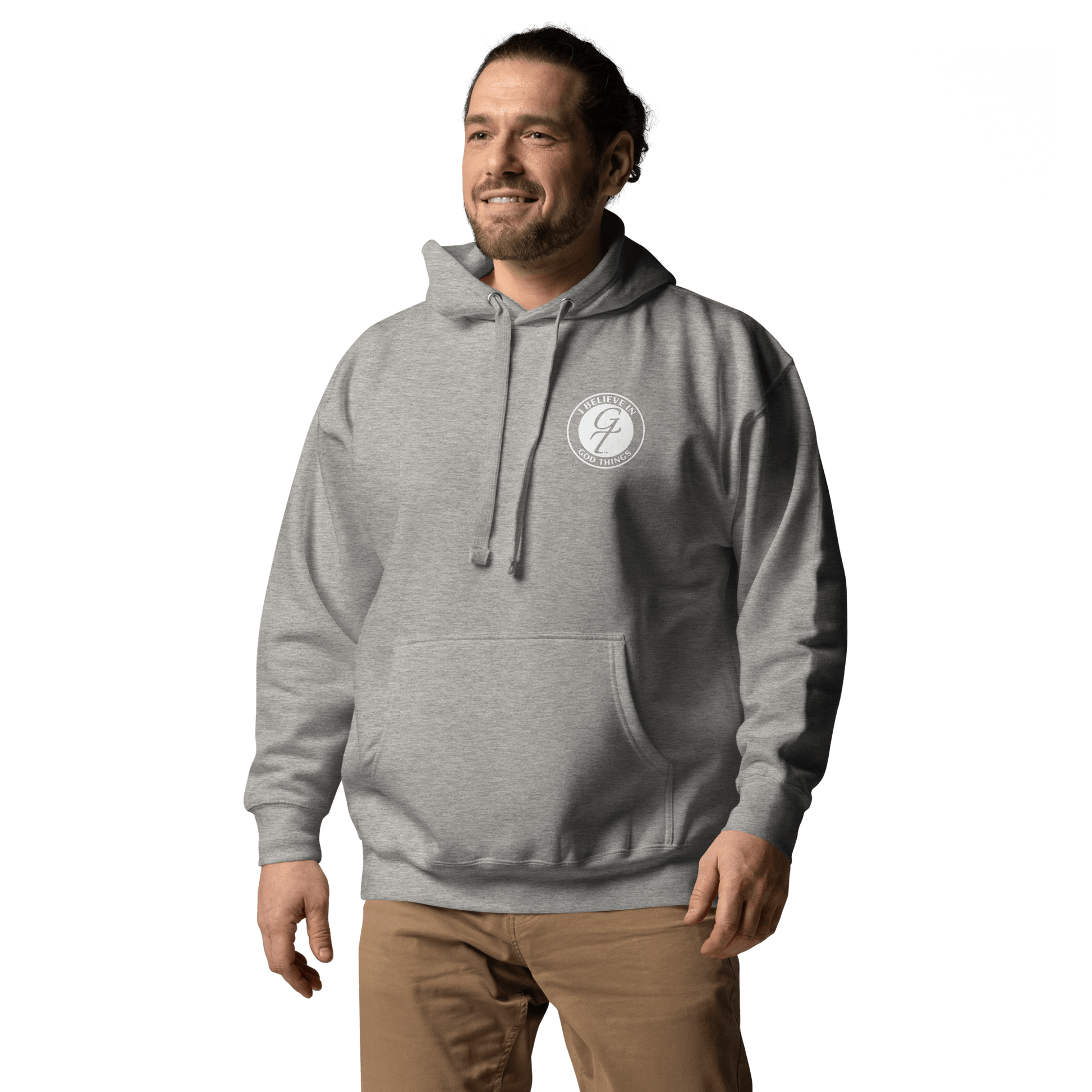 Man wearing a Christian faith hoodie with "I Believe In God Things" logo, perfect for casual or church wear.