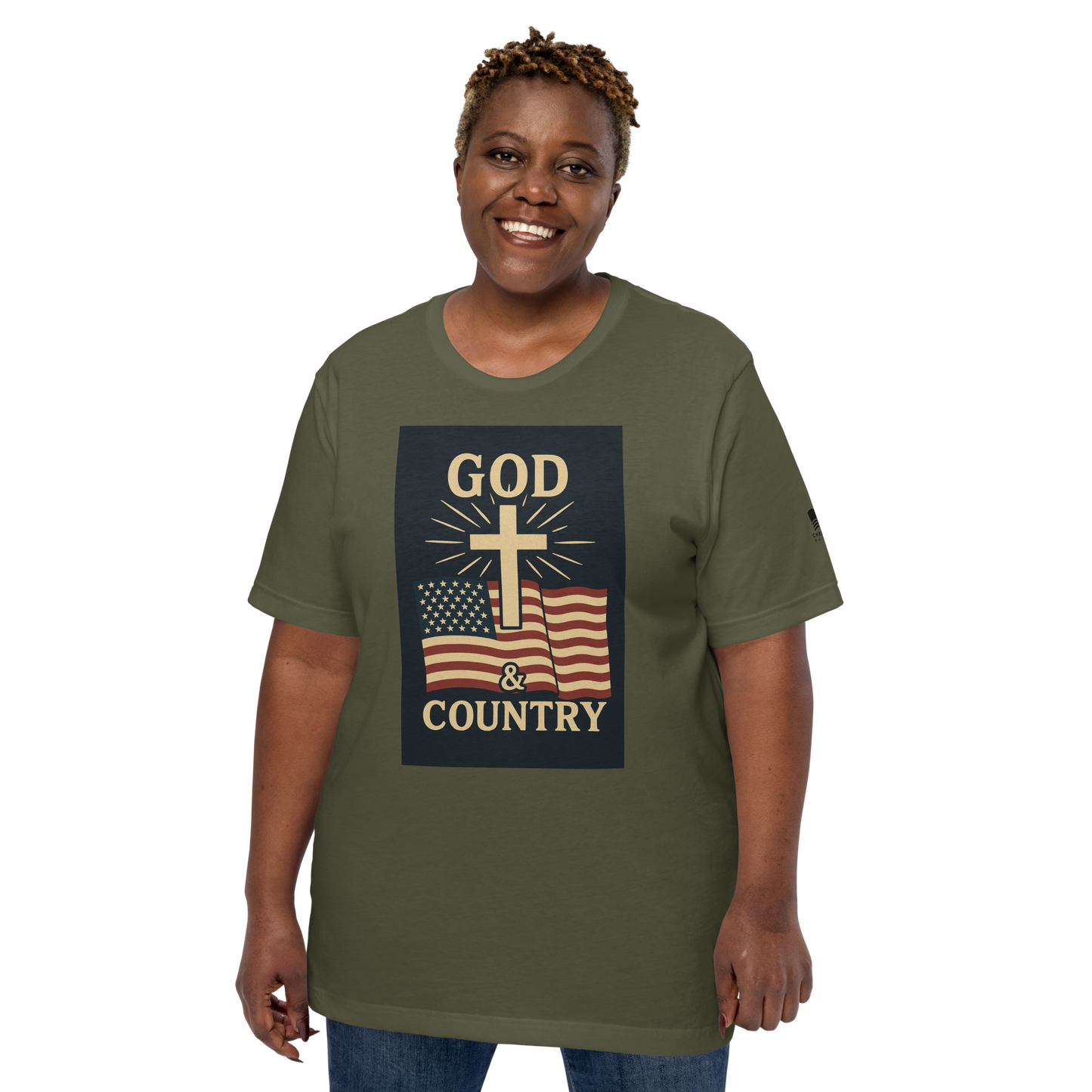 God and Country T-shirt with patriotic American flag and faith-inspired design military green plus size model