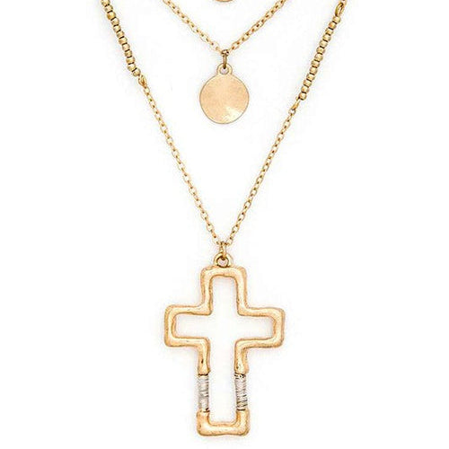 Gold necklace with cross pendant on a white background