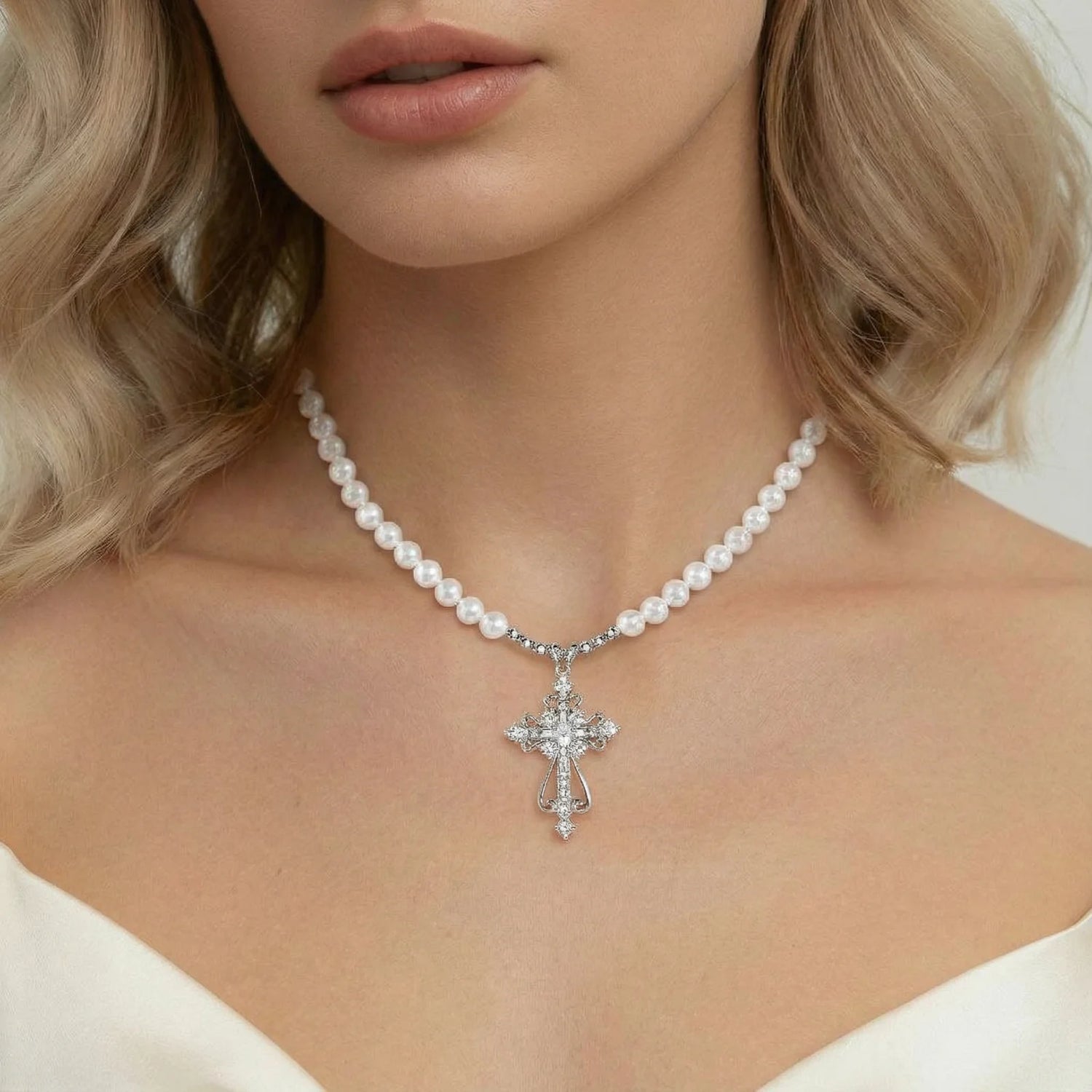 Pearl necklace with a silver cross pendant worn by a model