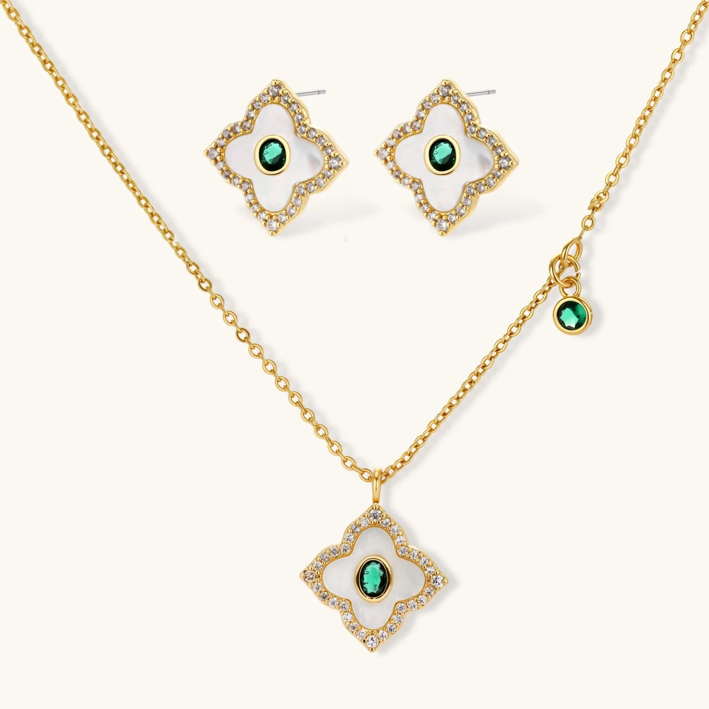Gold-plated jewelry set with diamond-shaped pendants featuring white centers, green stones, and sparkling zirconia borders, a perfect envouragement jewelry gift for women