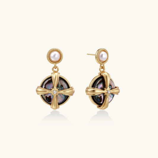 Gold-plated drop earrings with iridescent abalone shell and pearl studs in geometric cross design