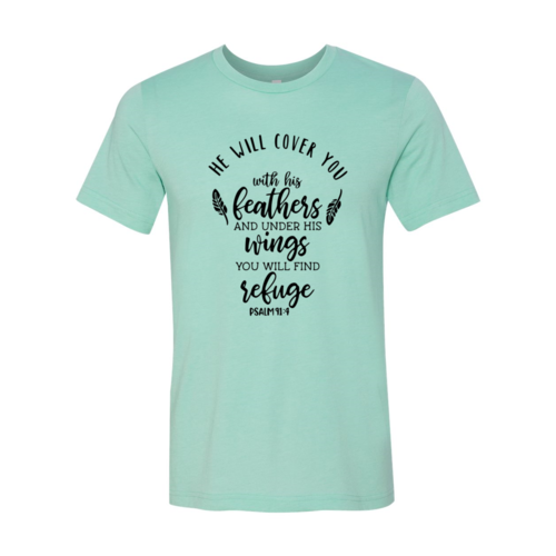Mint green t-shirt with black text and feather graphics on a white background