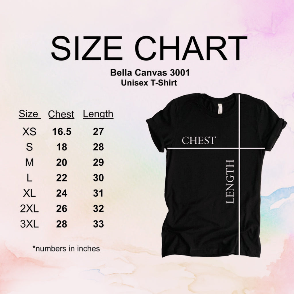 Size chart for Bella Canvas 3001 Unisex T-Shirt with black t-shirt on a gradient background