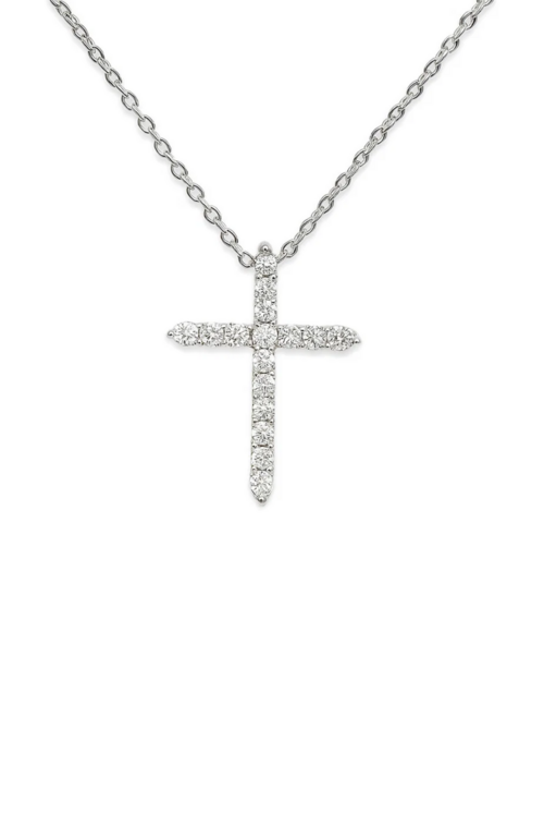Silver cross necklace with diamonds on a white background