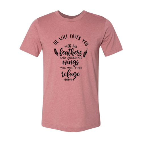 Pink t-shirt with black text and feather graphics on a white background