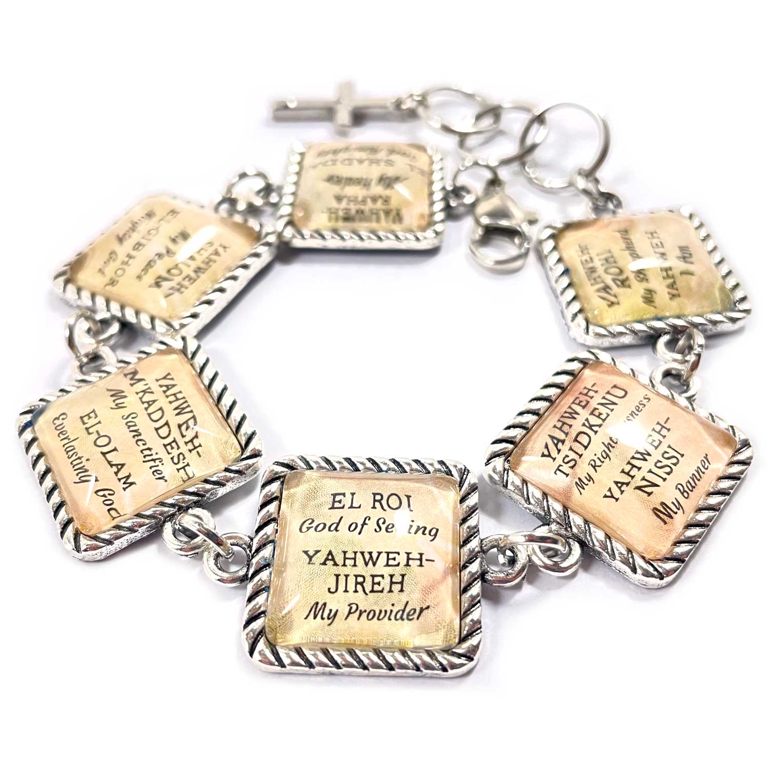 Bracelet with square charms featuring engraved text on a white background