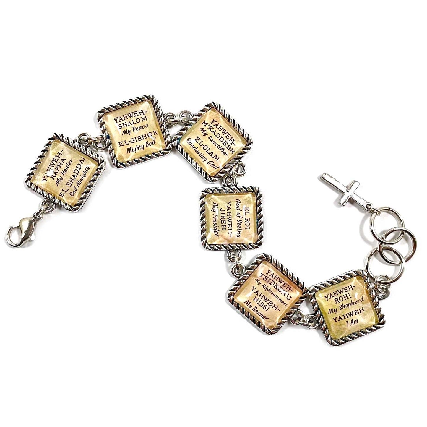 Bracelet with square charms featuring engraved text on a white background