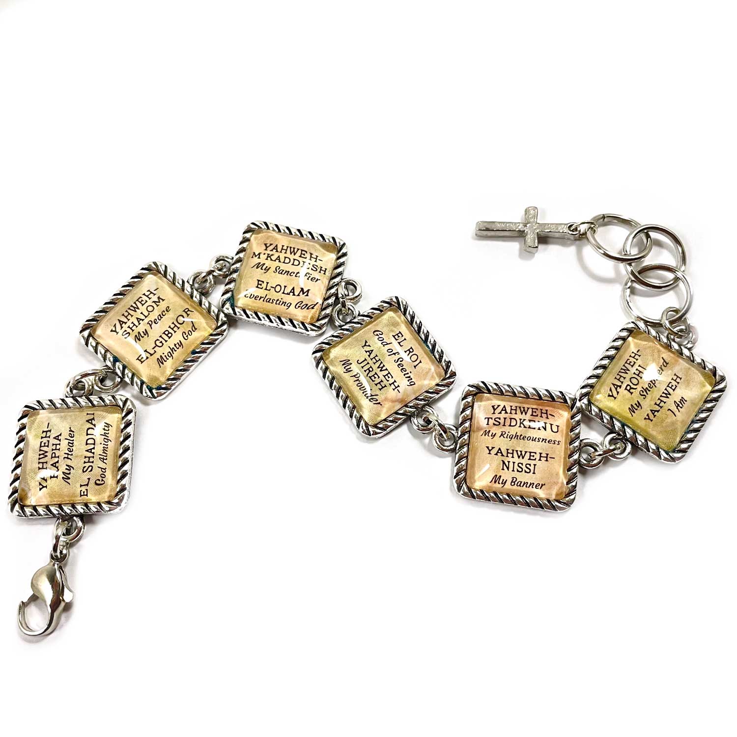 Bracelet with multiple charms on a white background