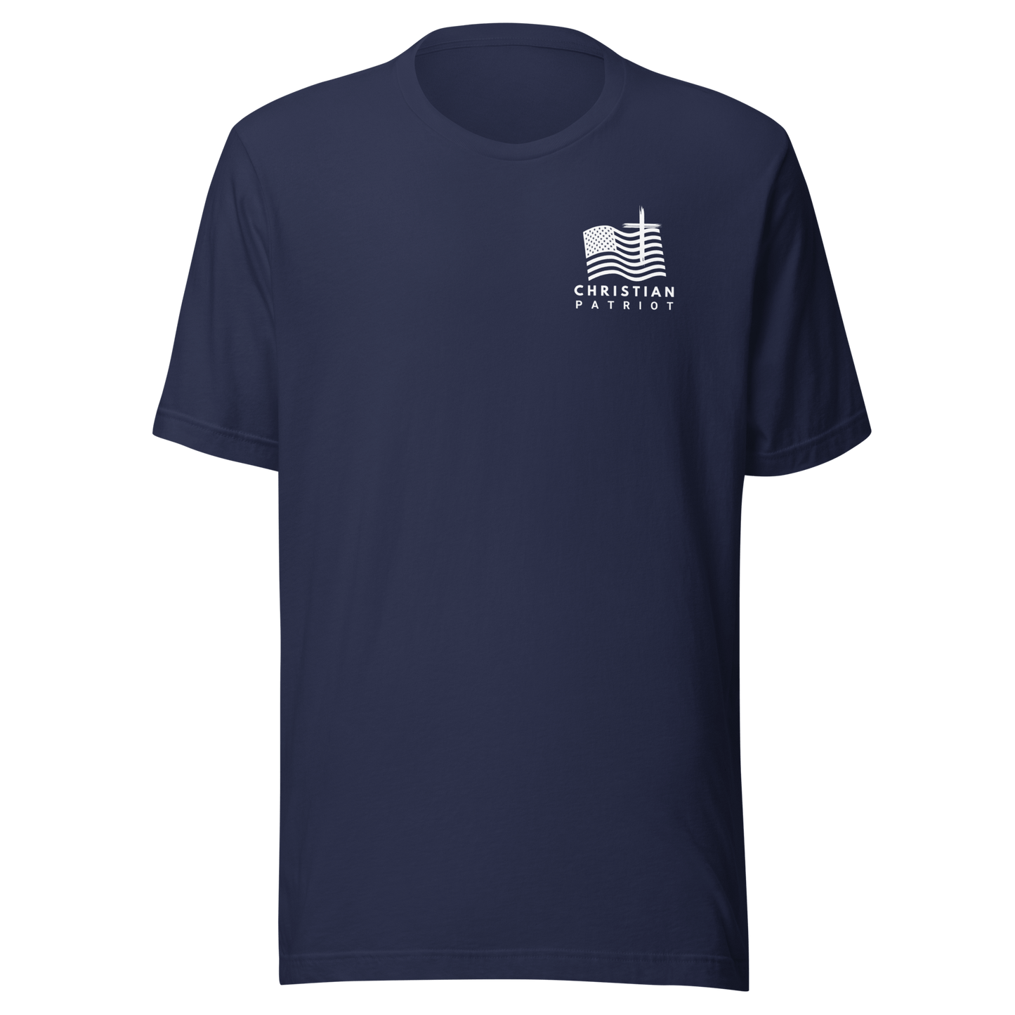 Navy blue t-shirt with a white logo and text on a white background