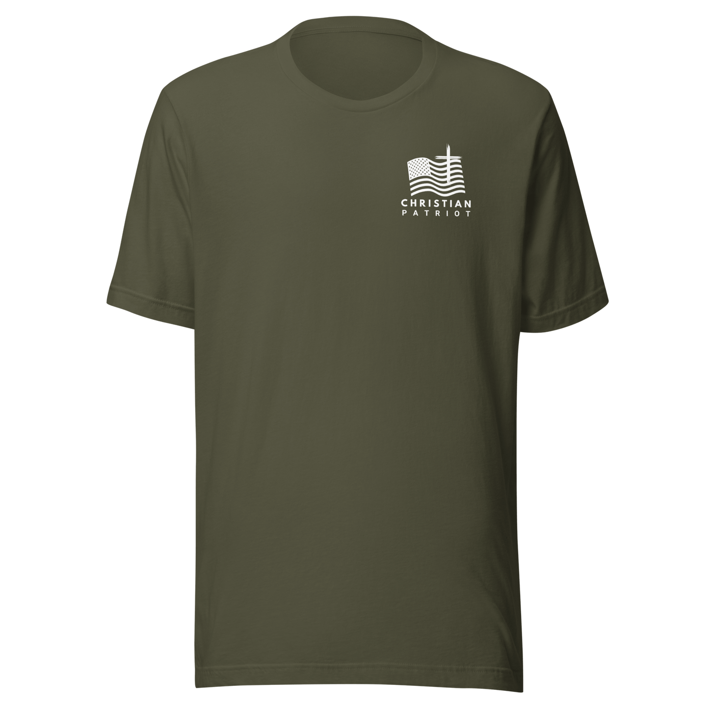 Christian patriot signature Christian t-shirt in military green featuring American flag design.