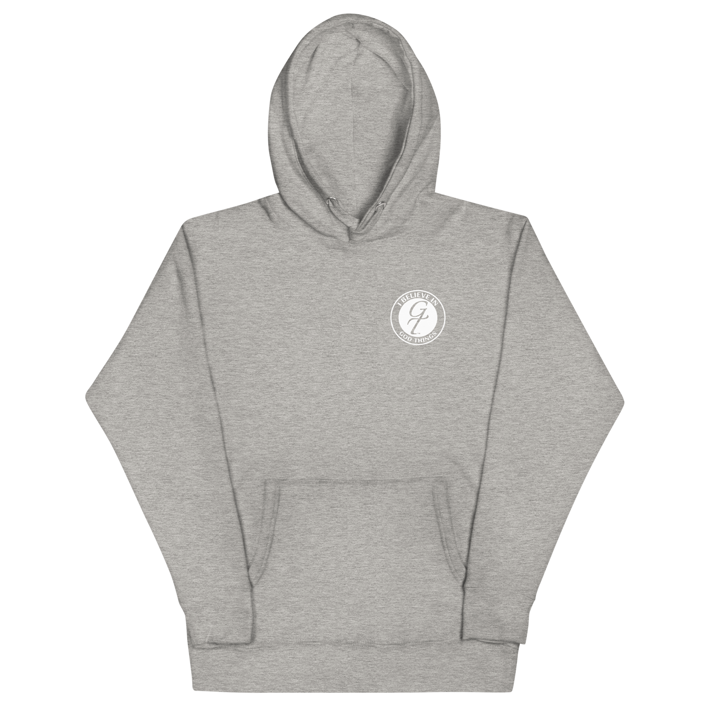 Christian faith hoodie in gray color with a chest logo from the I Believe In God Things Collection.