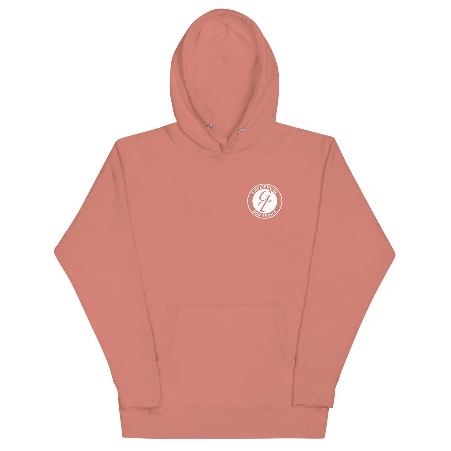 Christian faith hoodie in coral color with logo on chest from the I Believe In God Things Collection.