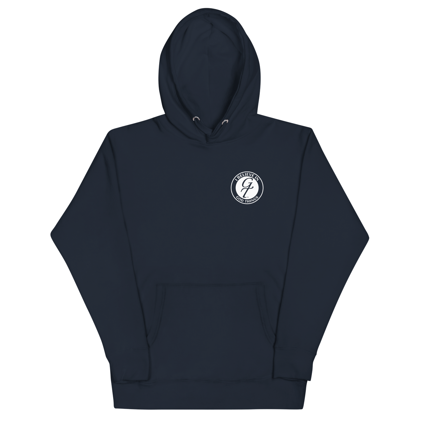 Christian faith hoodie in navy color featuring the 'I Believe In God Things' logo.
