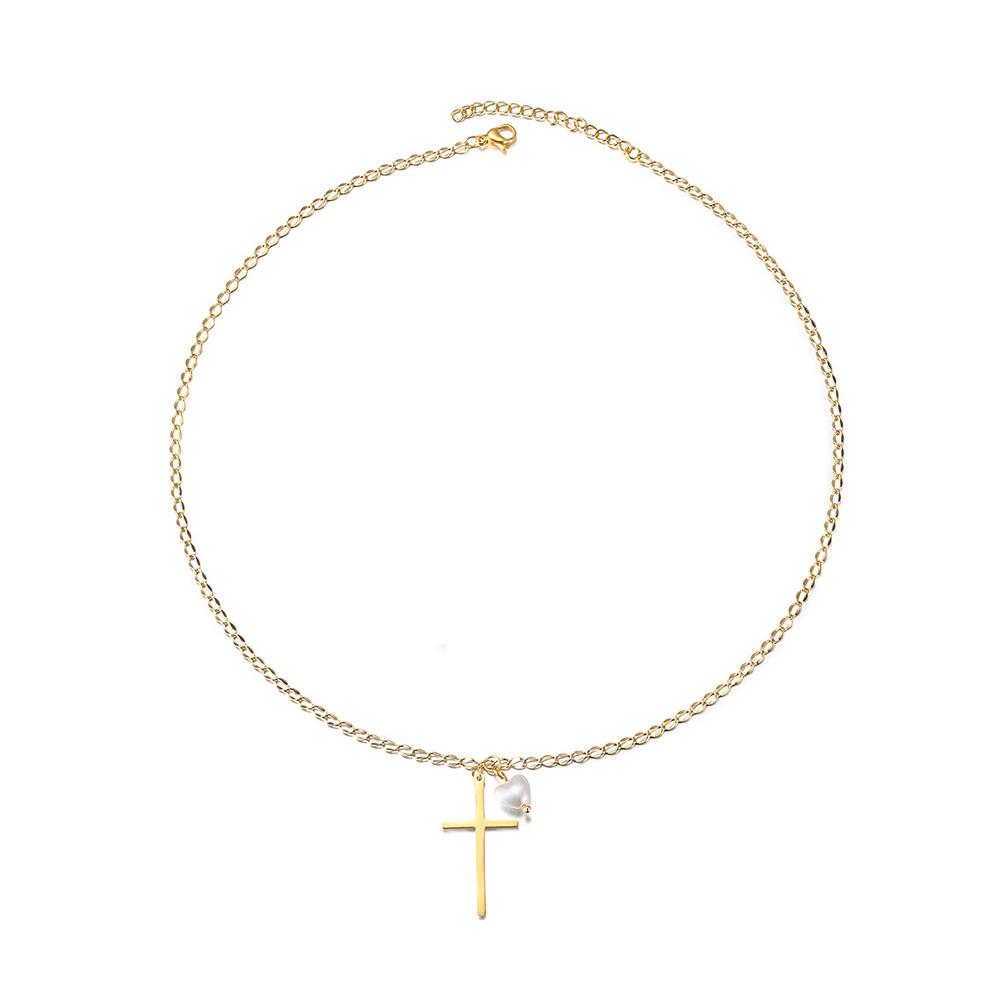 Gold necklace with a cross pendant and pearl on a white background