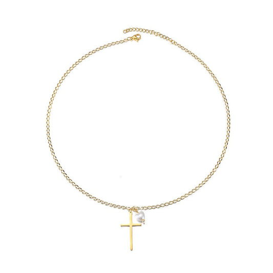 Gold necklace with a cross pendant and pearl on a white background