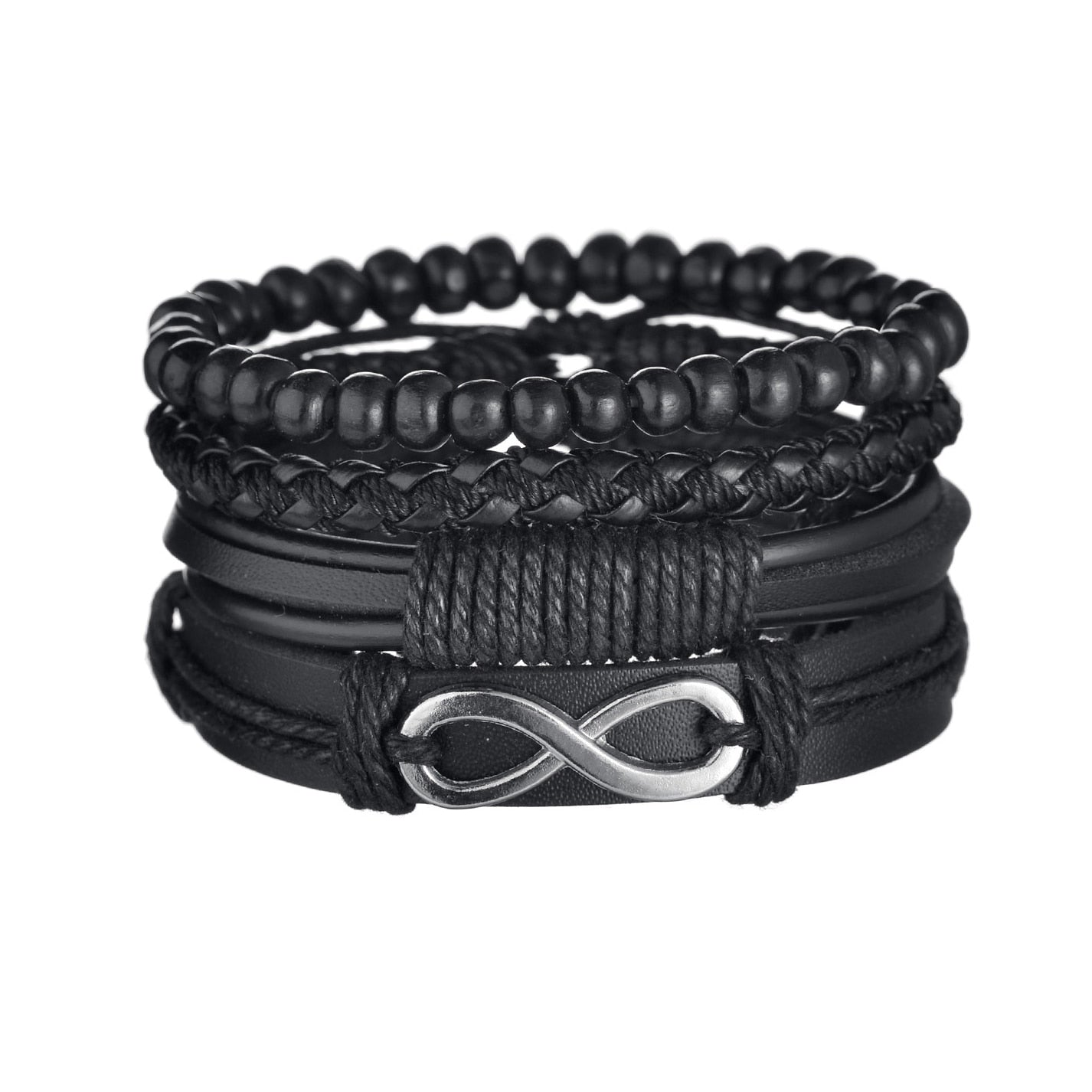 Black leather and beaded bracelet with an infinity symbol charm on a white background
