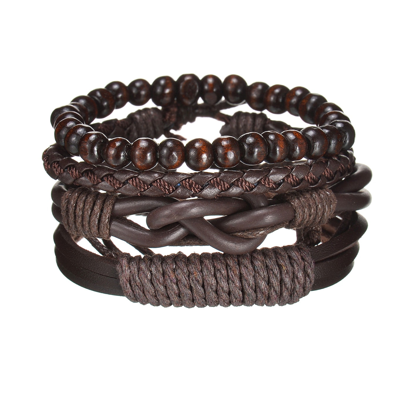 Set of brown leather and beaded bracelets on a white background