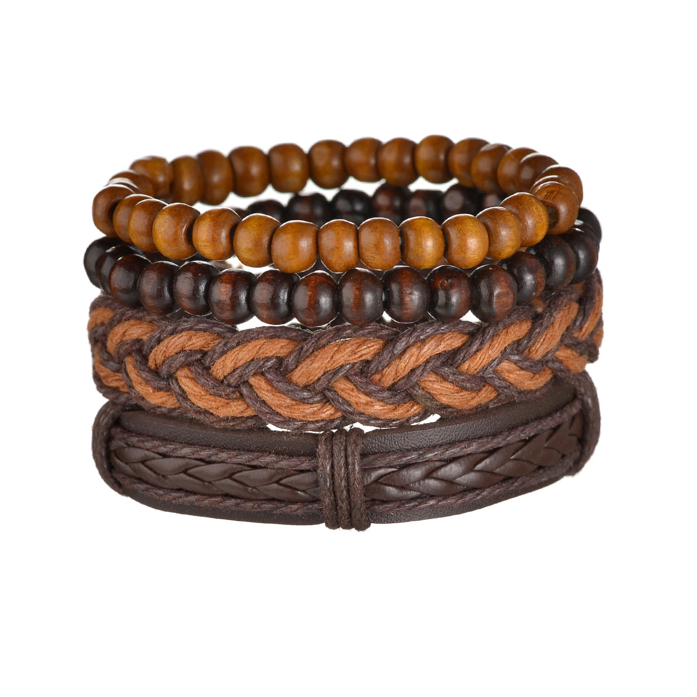 Set of three brown and orange beaded bracelets on a white background