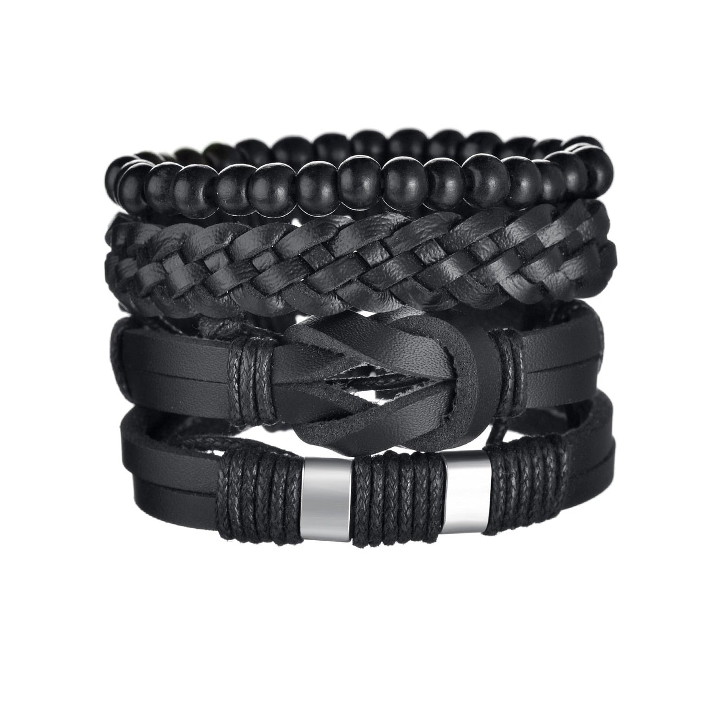 Black braided leather bracelet with metal clasp on a white background