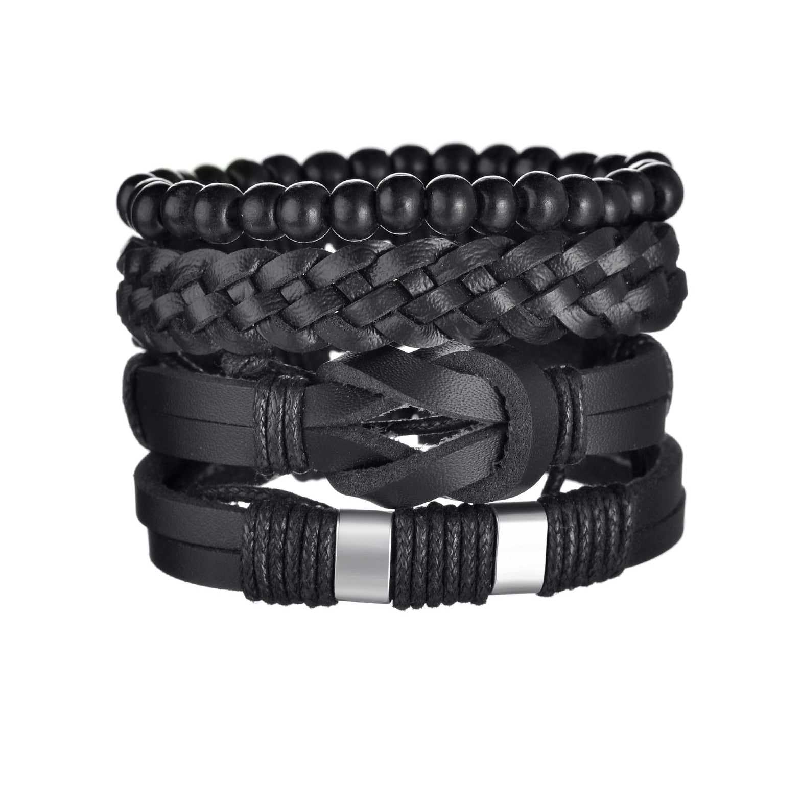Black braided leather bracelet with metal clasp on a white background