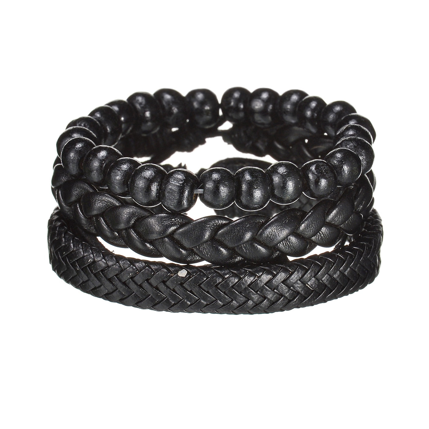 Set of three black leather bracelets on a white background