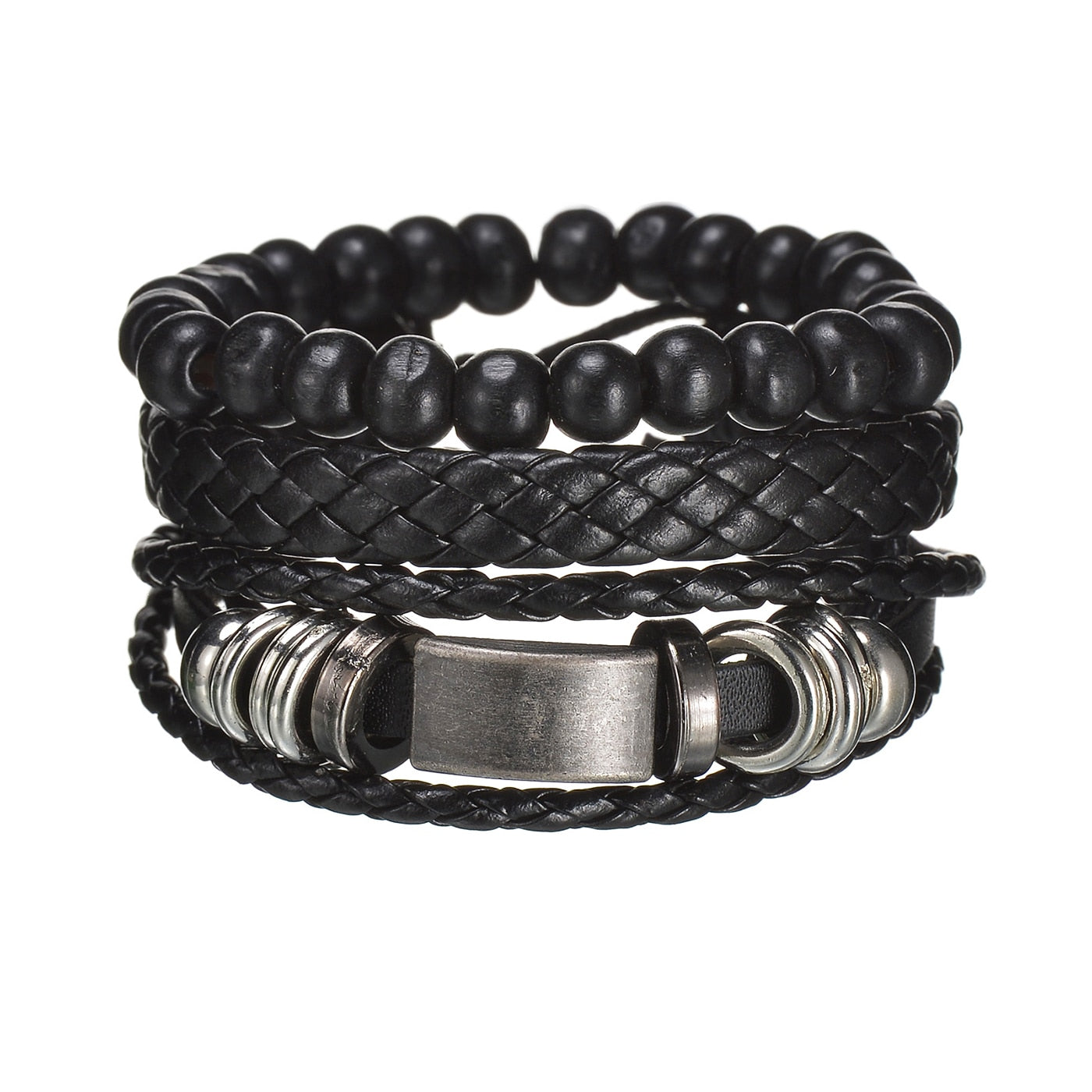 Stack of black beaded and braided leather bracelets with metal accents on a white background