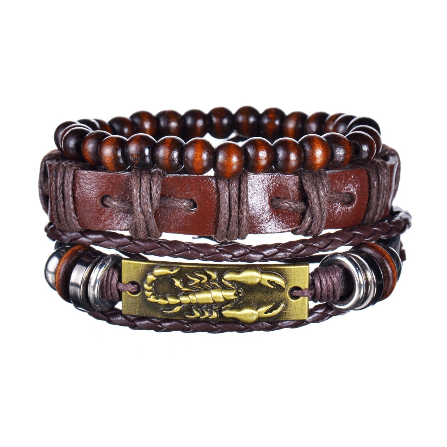 Multistrand leather and wood beaded bracelet with scorpion charm on a white background