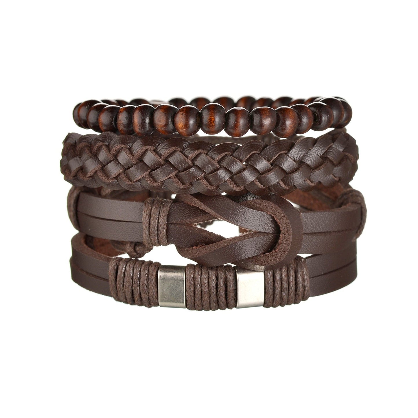 Set of brown leather bracelets with metal clasps on a white background