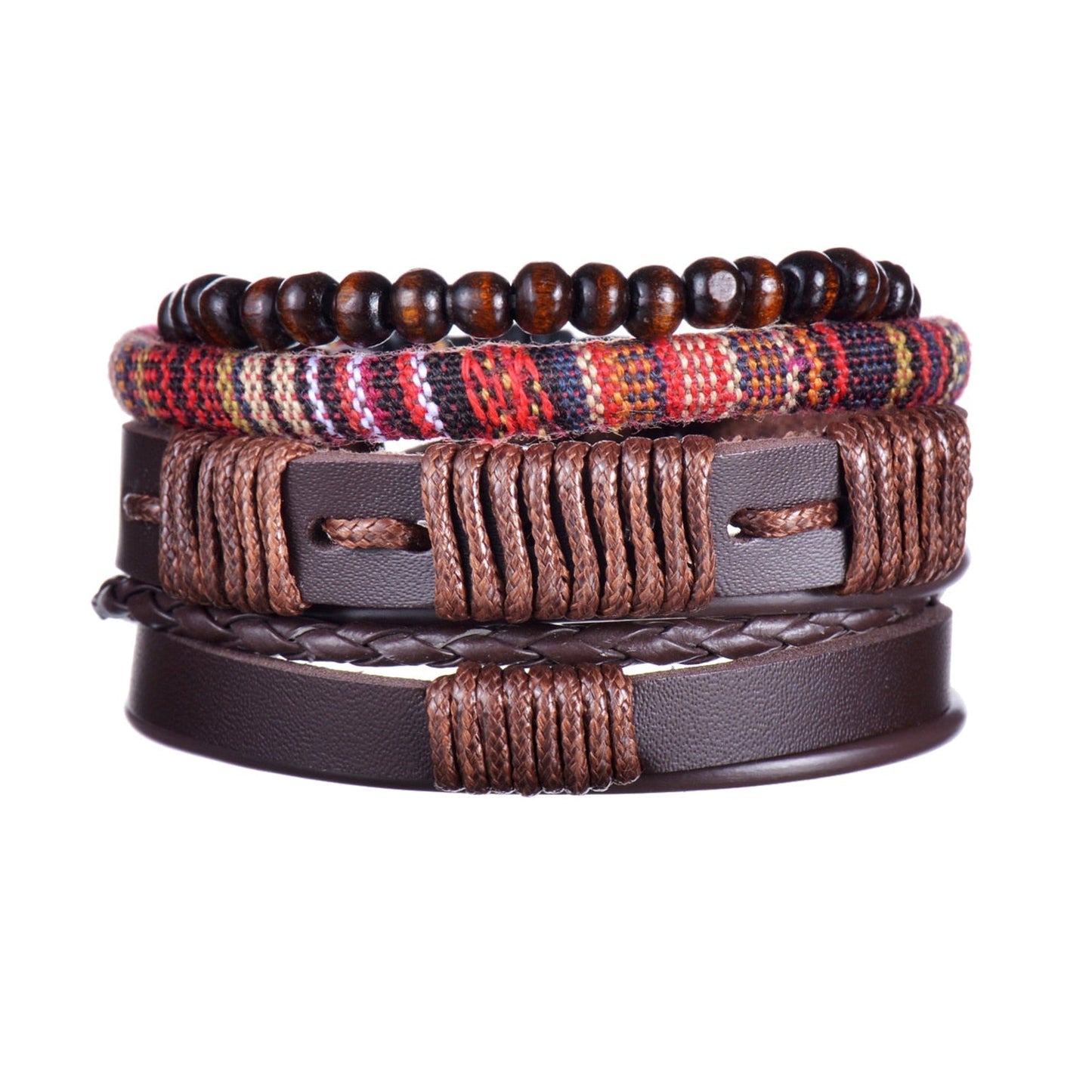 Stack of leather and beaded bracelets on a white background