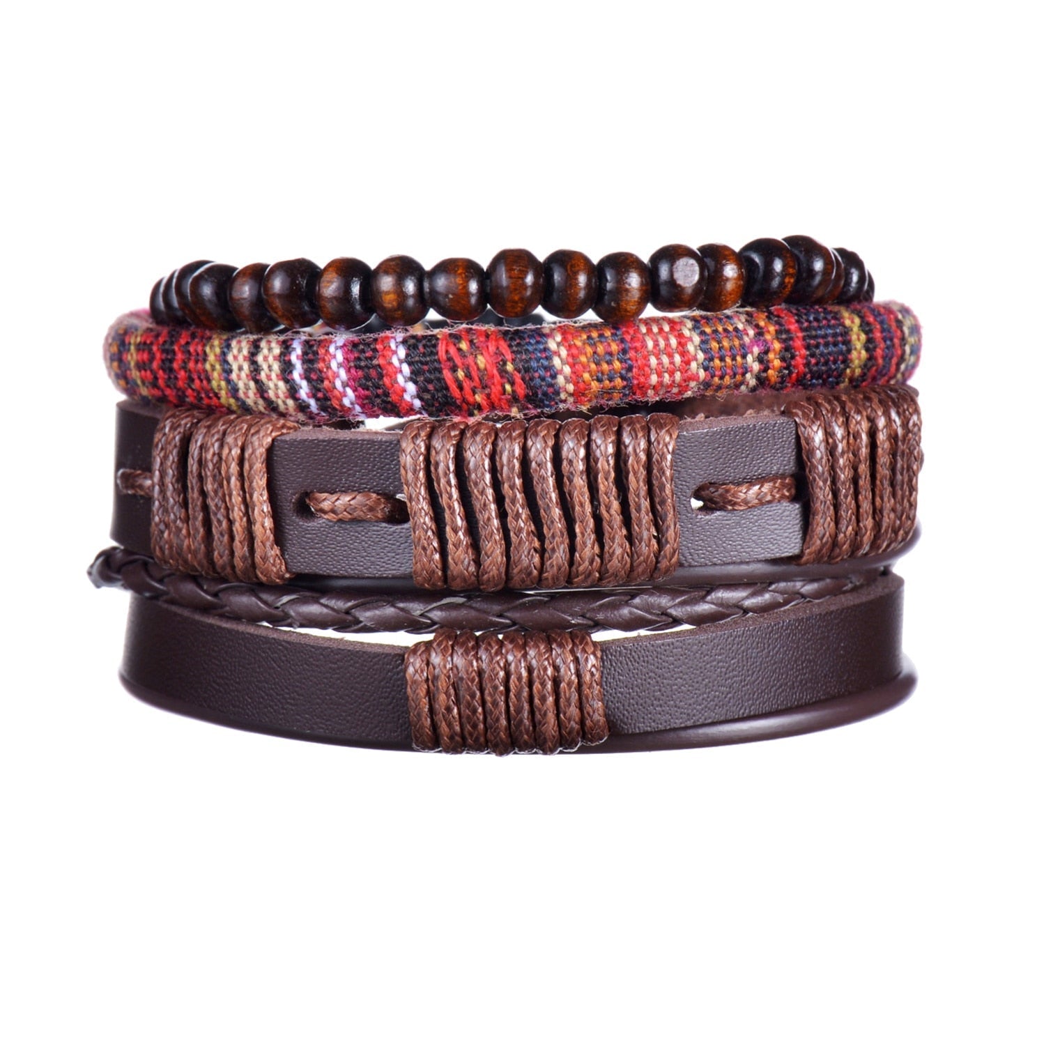Stack of leather and beaded bracelets on a white background