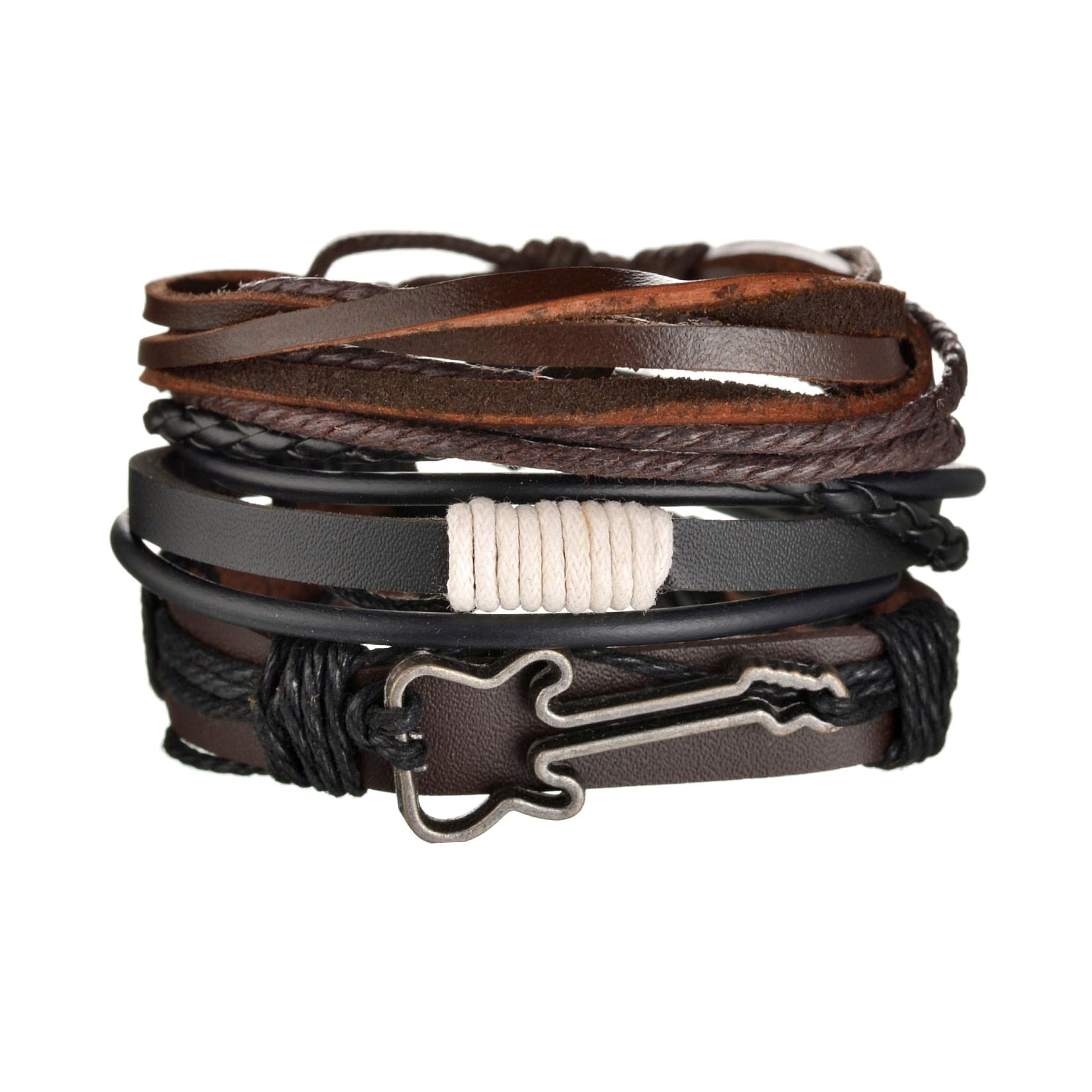 Multistrand leather bracelet with metal clasp on a white background