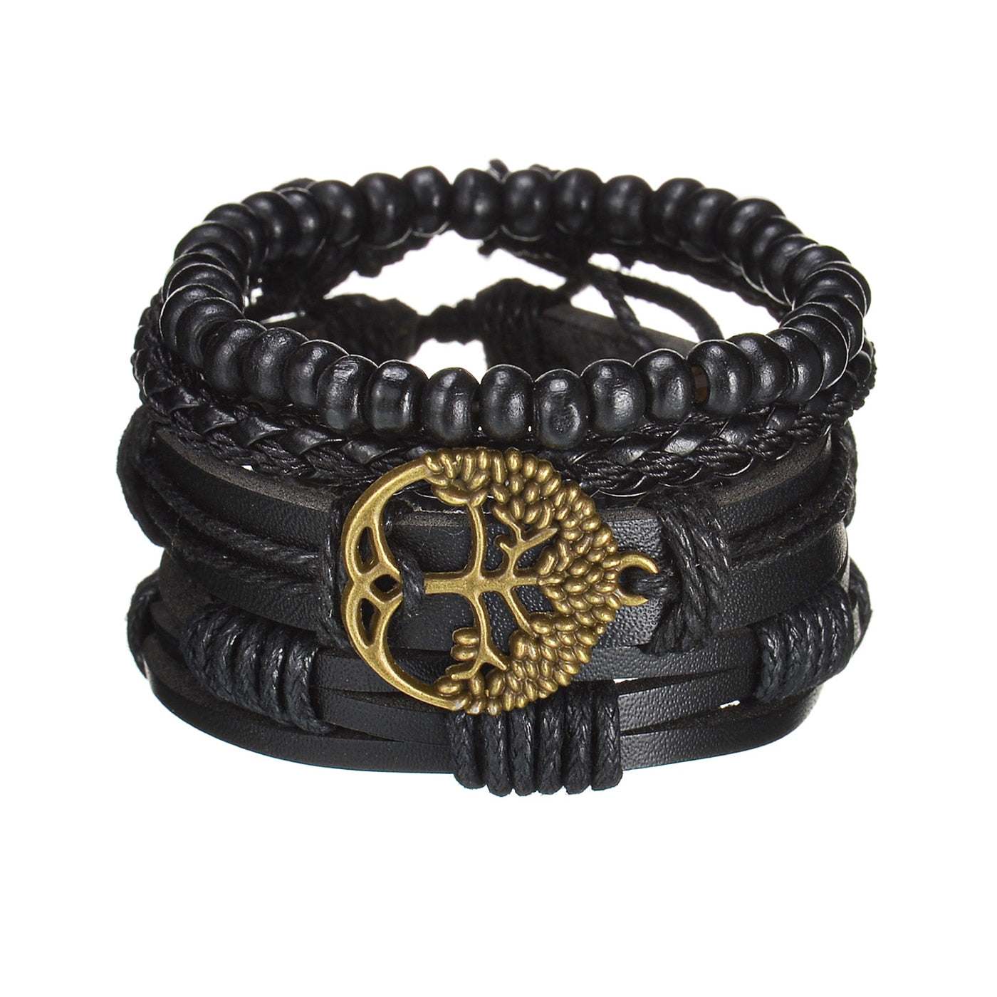 Black leather bracelet with a gold tree of life charm on a white background