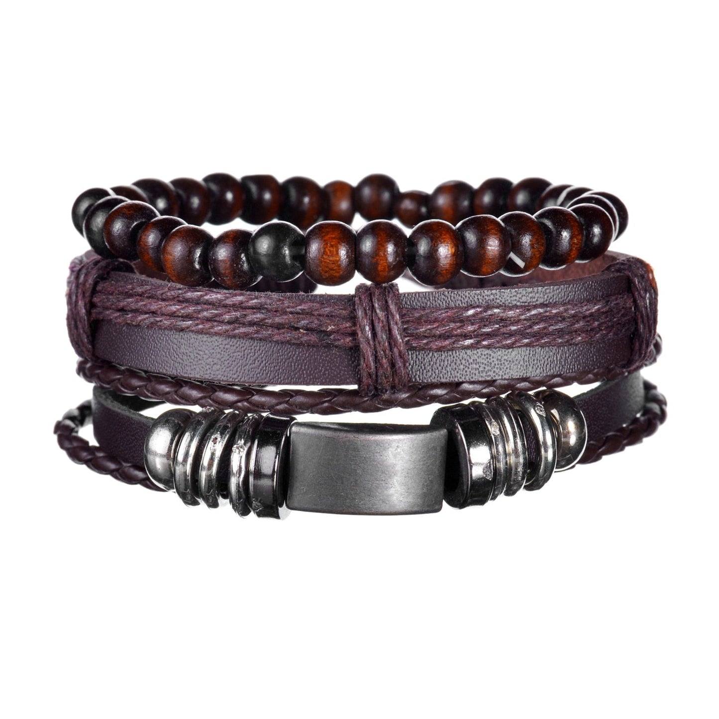 Multi-layered bracelet with wooden beads, leather straps, and metal accents on a white background