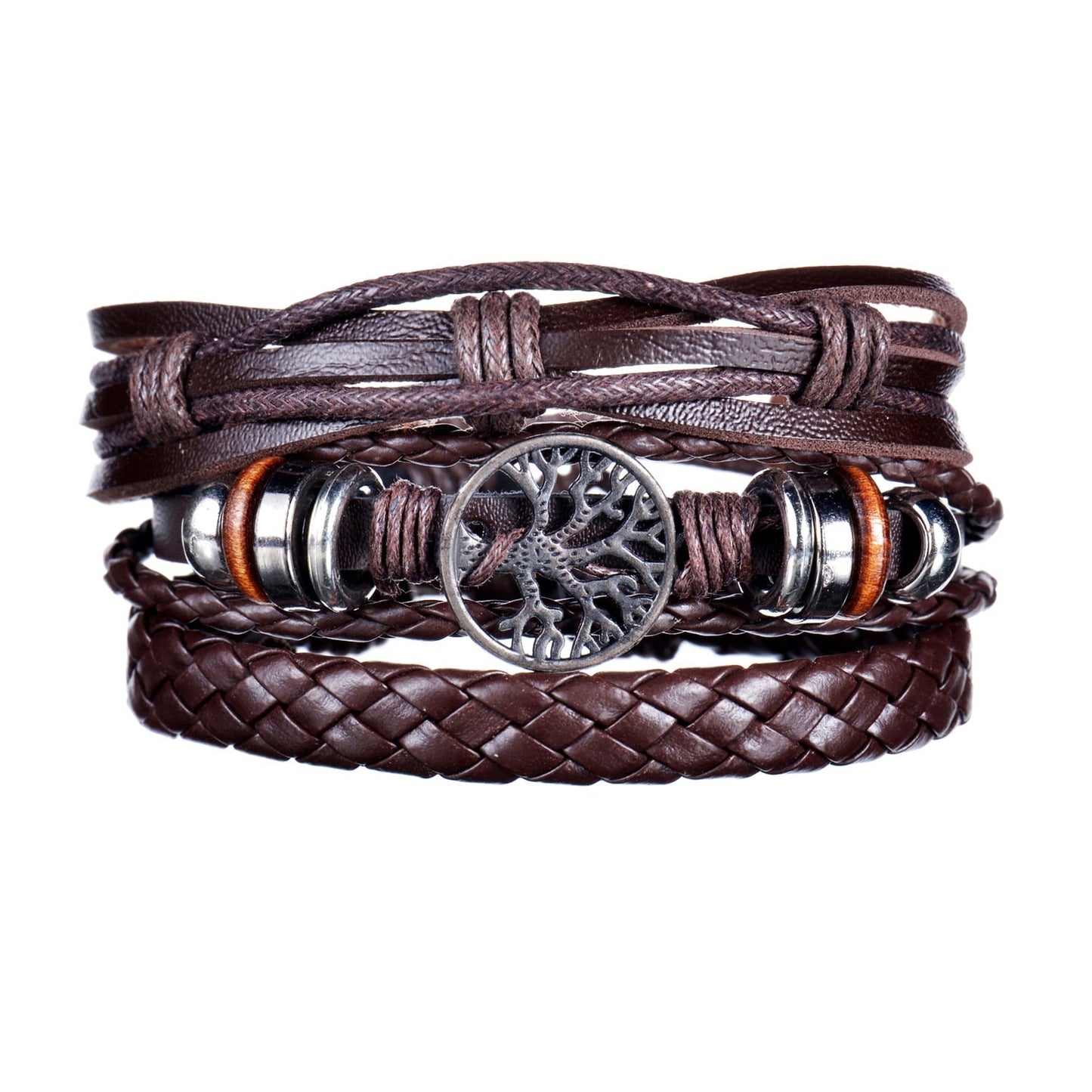 Brown braided leather bracelet with metal beads on a white background