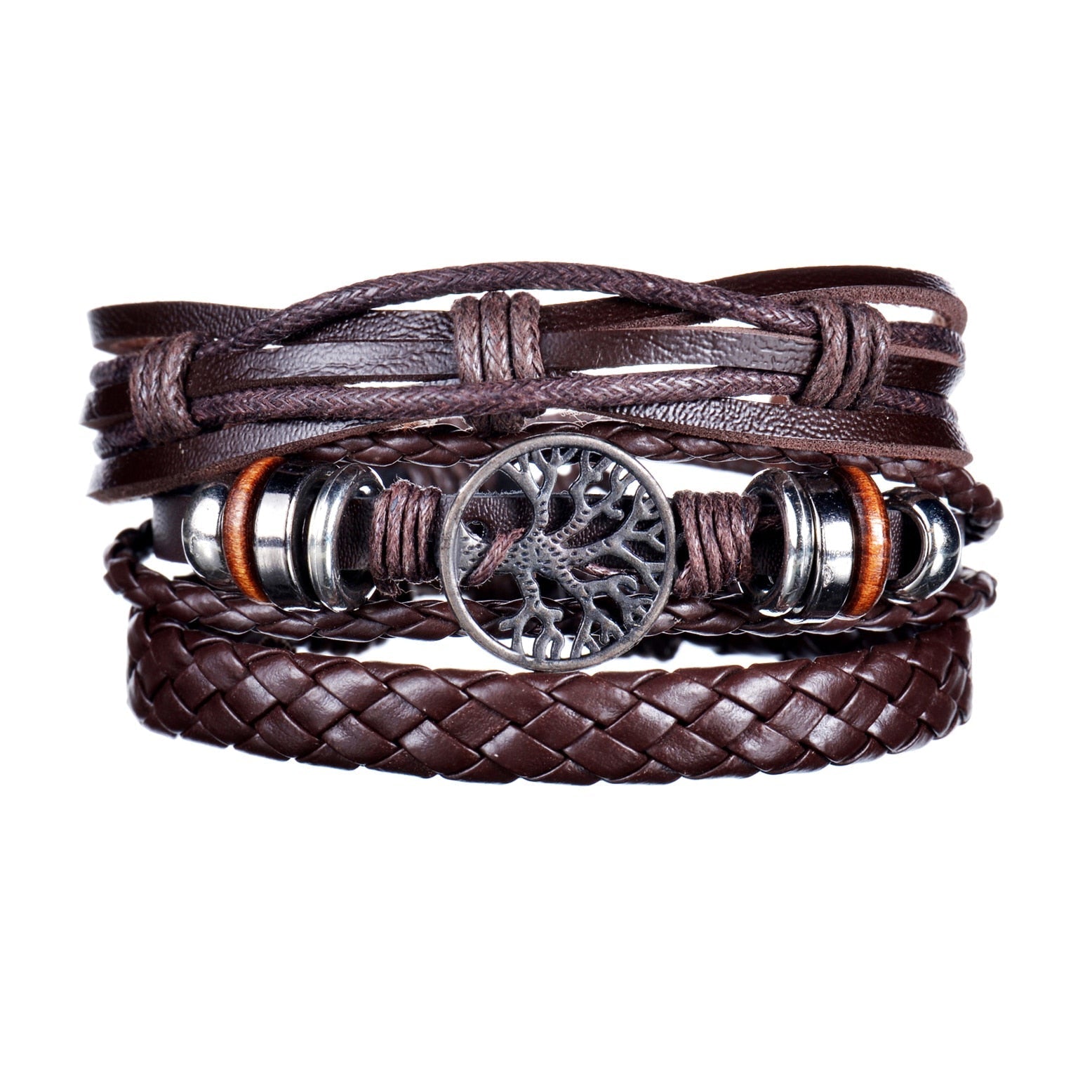Brown braided leather bracelet with metal beads on a white background
