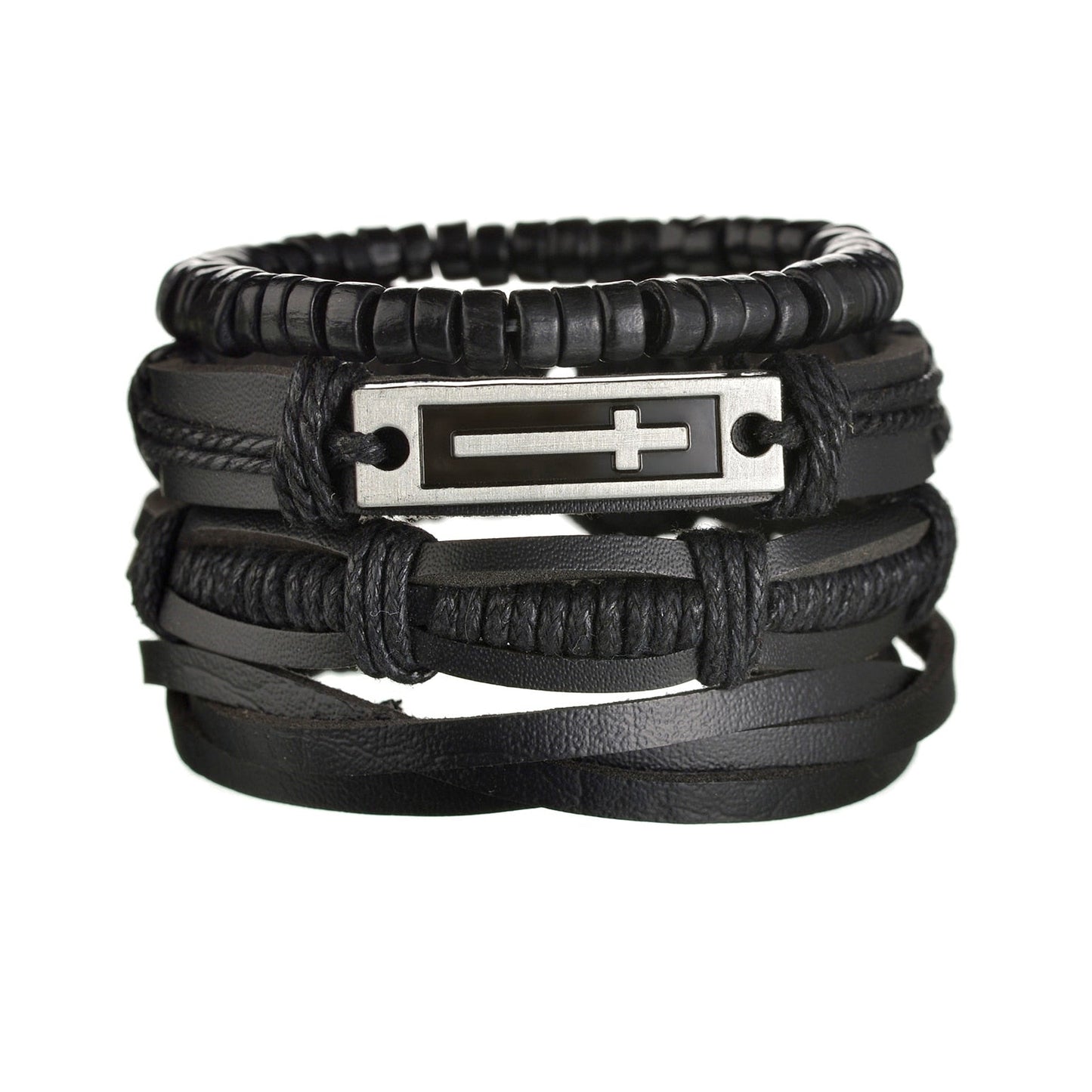 Black leather bracelet with metal clasp on a white background