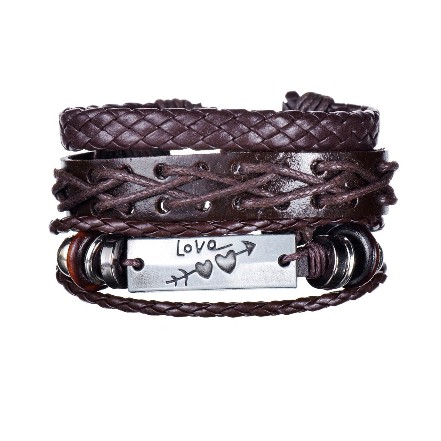 Brown braided leather bracelet with metal tag on a white background