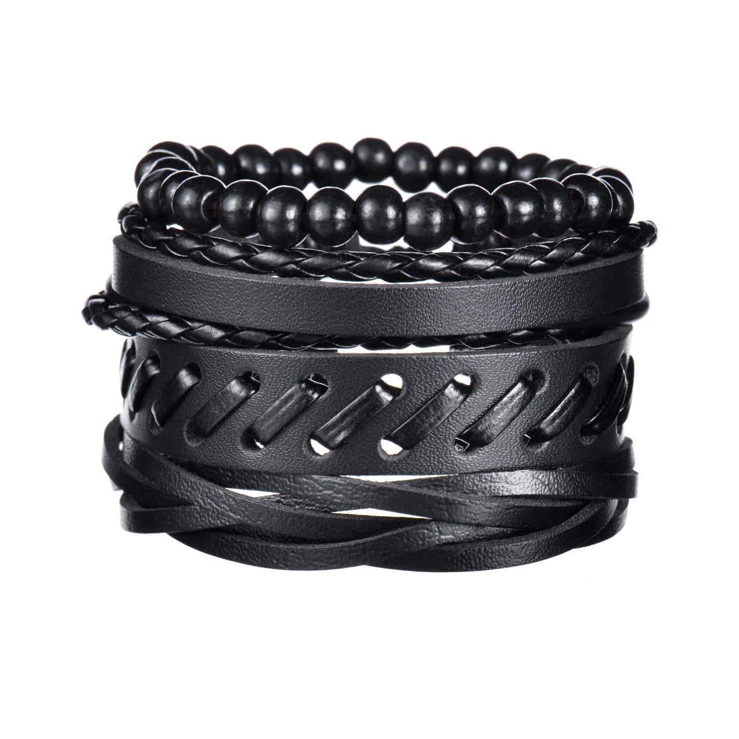 Stack of black leather and beaded bracelets on a white background