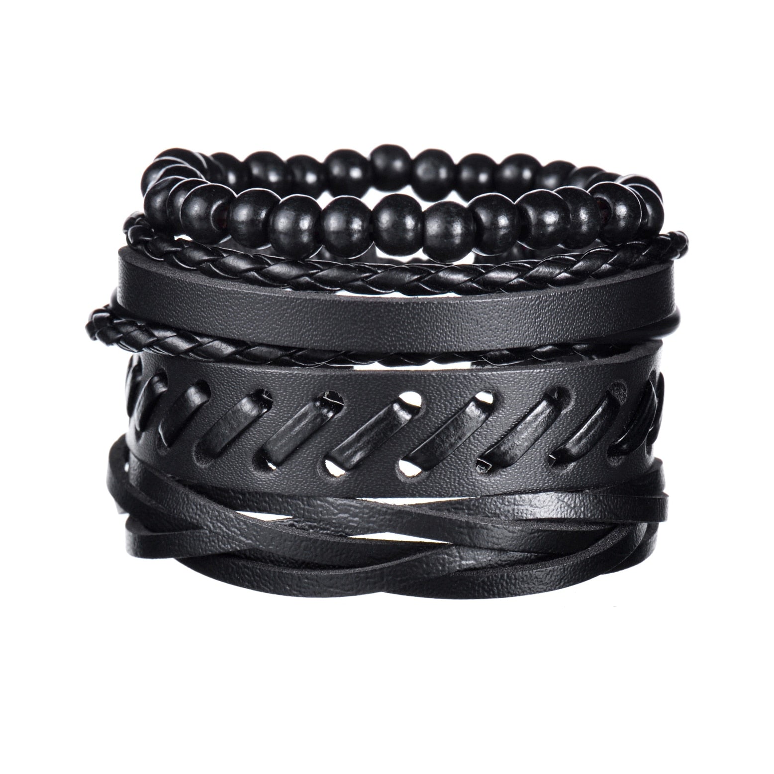 Stack of black leather and beaded bracelets on a white background