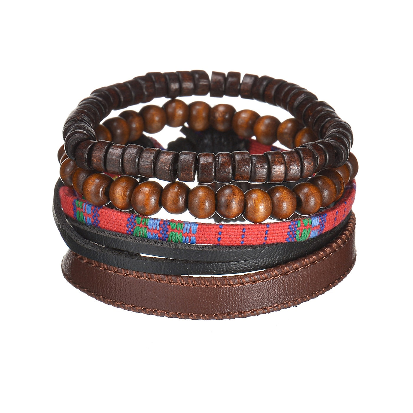 Stack of brown leather and wooden beaded bracelets on a white background