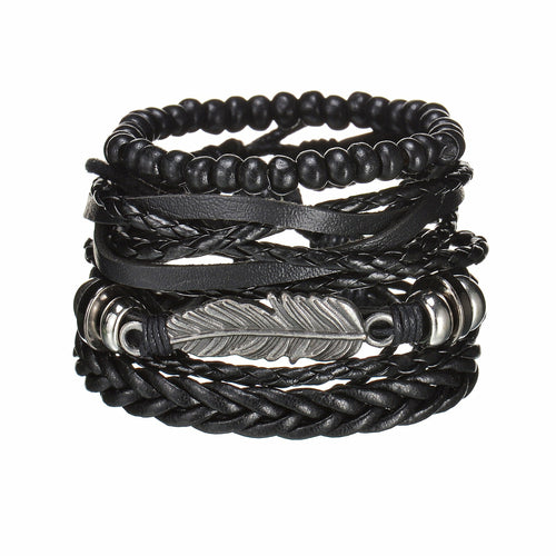 Black leather and metal feather bracelet on a white background