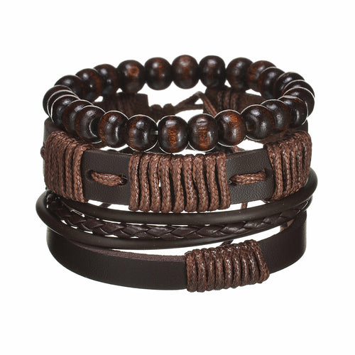 Brown leather and beaded bracelet on a white background
