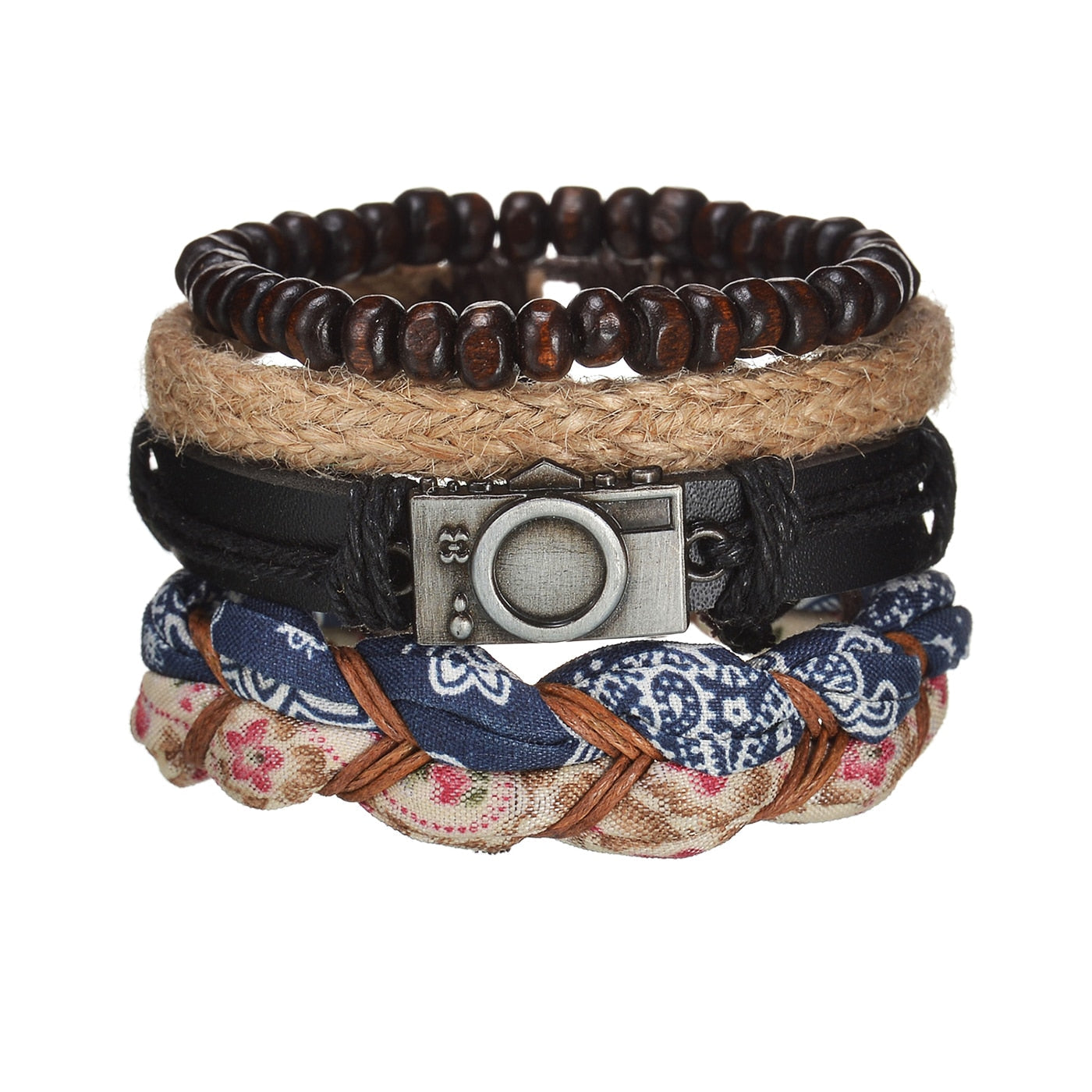 Stack of multistrand bracelets with leather, fabric, and beaded design on a white background