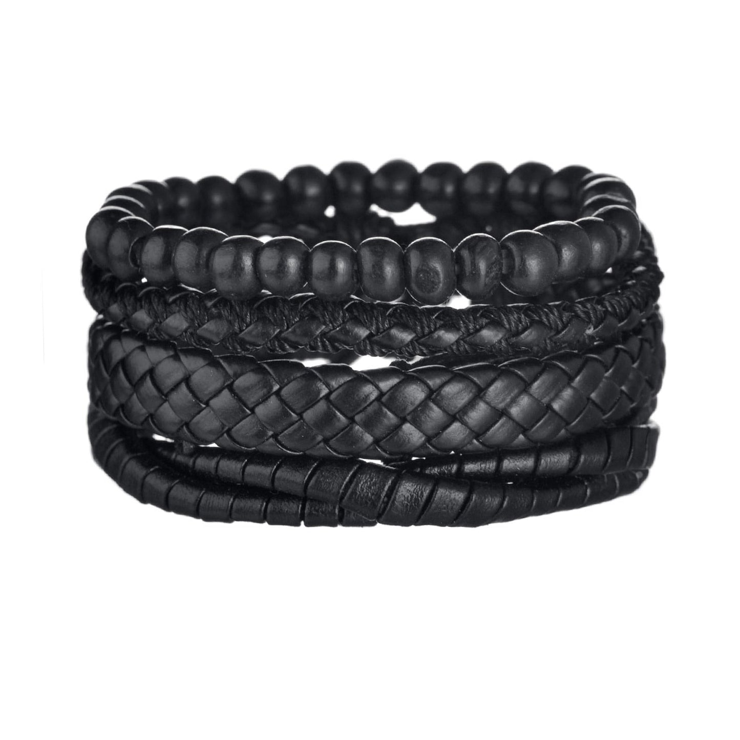 Set of black beaded and braided bracelets on a white background