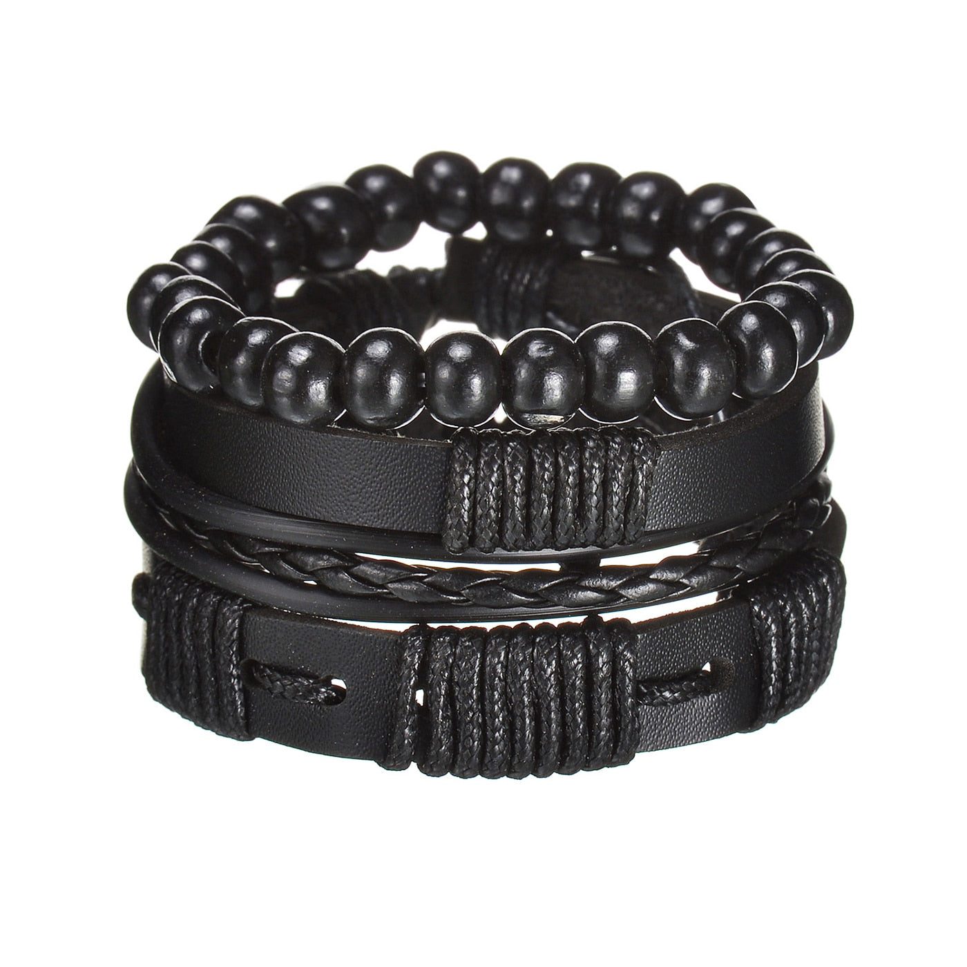 Stack of black beaded and leather bracelets on a white background